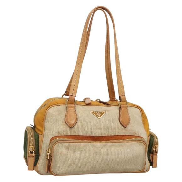 PRADA Hand Bag Canvas Beige Gold - Picture 1 of 13